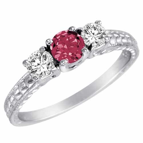 18K White Gold Round 3 Stone Diamond and Pink Tourmaline Engagement Ring With Cobra Design Shank (0.90 cttw)