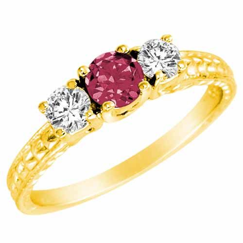 10K Yellow Gold Round 3 Stone Diamond and Pink Tourmaline Engagement Ring With Cobra Design Shank (0.90 cttw)
