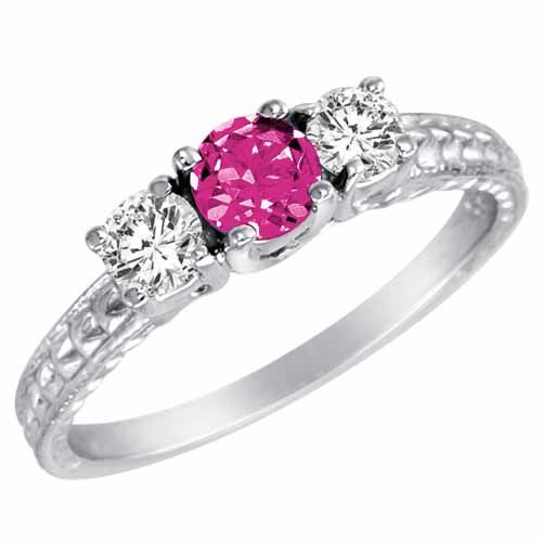 Platinum Round 3 Stone Diamond and Pink Sapphire Engagement Ring With Cobra Design Shank (0.90 cttw)