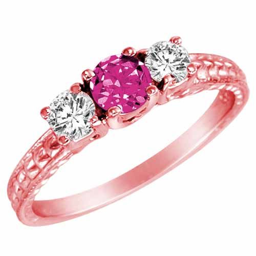 10K Rose Gold Round 3 Stone Diamond and Pink Topaz Engagement Ring With Cobra Design Shank (0.90 cttw)