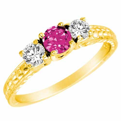 14K Yellow Gold Round 3 Stone Diamond and Pink Topaz Engagement Ring With Cobra Design Shank (0.90 cttw)
