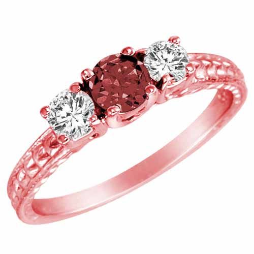 10K Rose Gold Round 3 Stone Diamond and Ruby Engagement Ring With Cobra Design Shank (0.90 cttw)
