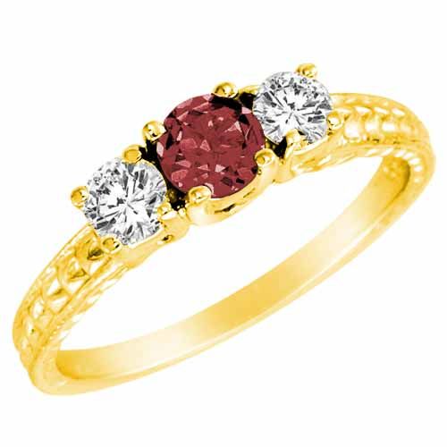 18K Yellow Gold Round 3 Stone Diamond and Ruby Engagement Ring With Cobra Design Shank (0.90 cttw)