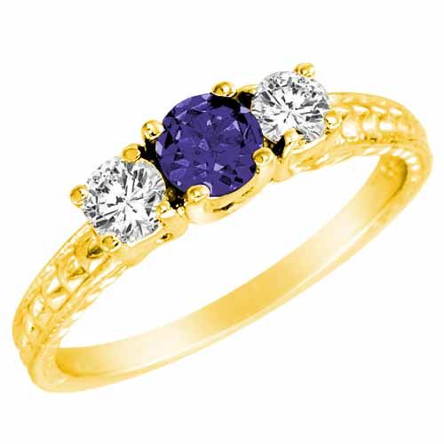 10K Yellow Gold Round 3 Stone Diamond and Blue Sapphire Engagement Ring With Cobra Design Shank (0.90 cttw)