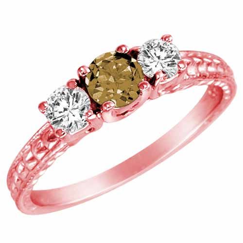 18K Rose Gold Round 3 Stone Diamond and Smoky Quartz Engagement Ring With Cobra Design Shank (0.90 cttw)