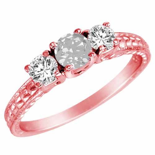 10K Rose Gold Round 3 Stone Diamond and White Quartz Engagement Ring With Cobra Design Shank (0.90 cttw)