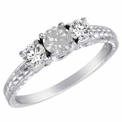 14K White Gold Round 3 Stone Diamond and White Quartz Engagement Ring With Cobra Design Shank (0.90 cttw)