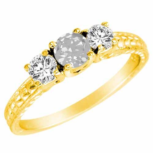 14K Yellow Gold Round 3 Stone Diamond and White Quartz Engagement Ring With Cobra Design Shank (0.90 cttw)