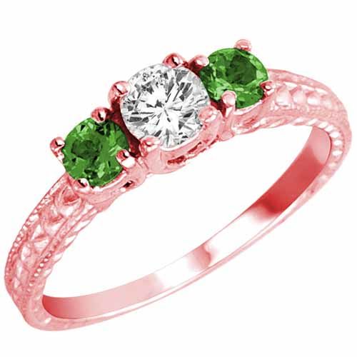 18K Rose Gold Round 3 Stone Diamond and Emerald Engagement Ring With Cobra Design Shank (0.95 cttw)