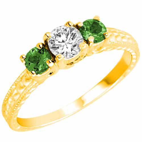 10K Yellow Gold Round 3 Stone Diamond and Emerald Engagement Ring With Cobra Design Shank (0.95 cttw)