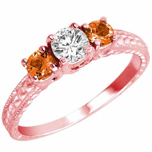 18K Rose Gold Round 3 Stone Diamond and Fire Opal Engagement Ring With Cobra Design Shank (0.95 cttw)