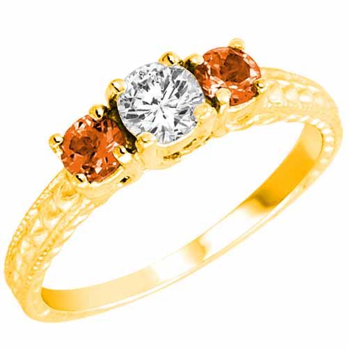18K Yellow Gold Round 3 Stone Diamond and Fire Opal Engagement Ring With Cobra Design Shank (0.95 cttw)