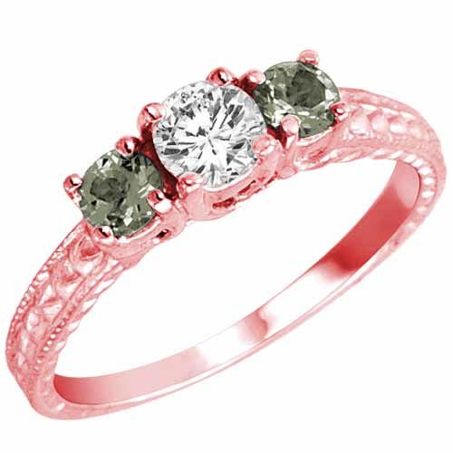 18K Rose Gold Round 3 Stone Diamond and Green Amethyst Engagement Ring With Cobra Design Shank (0.95 cttw)