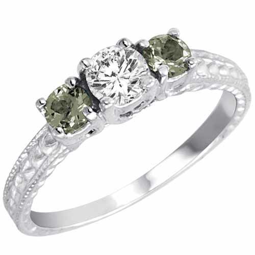 14K White Gold Round 3 Stone Diamond and Green Amethyst Engagement Ring With Cobra Design Shank (0.95 cttw)