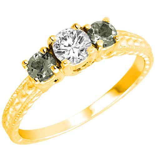 18K Yellow Gold Round 3 Stone Diamond and Green Amethyst Engagement Ring With Cobra Design Shank (0.95 cttw)