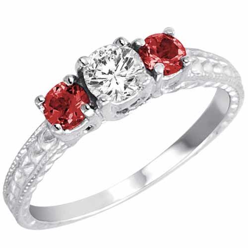 Platinum Round 3 Stone Diamond and Garnet Engagement Ring With Cobra Design Shank (0.95 cttw)