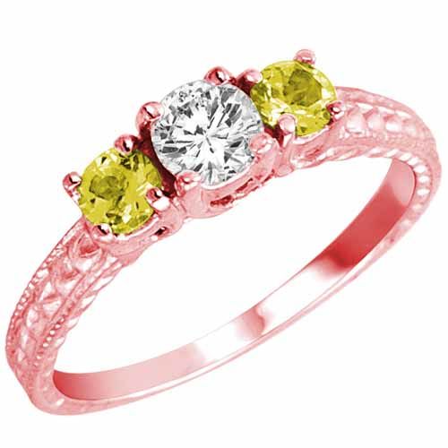 14K Rose Gold Round 3 Stone Diamond and Lemon Quartz Engagement Ring With Cobra Design Shank (0.95 cttw)