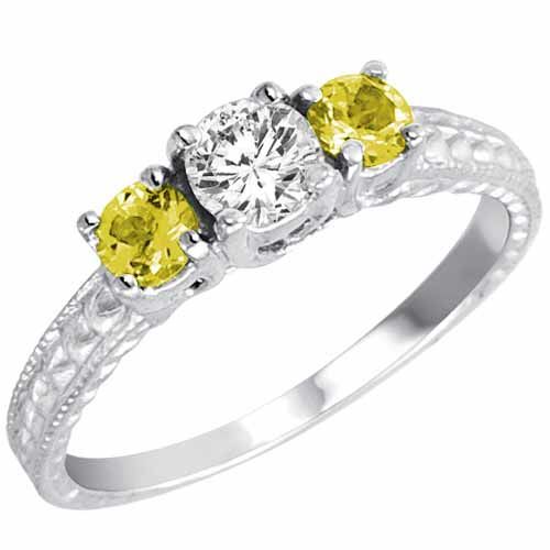 18K White Gold Round 3 Stone Diamond and Lemon Quartz Engagement Ring With Cobra Design Shank (0.95 cttw)