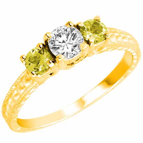 14K Yellow Gold Round 3 Stone Diamond and Lemon Quartz Engagement Ring With Cobra Design Shank (0.95 cttw)