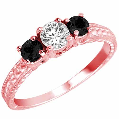 10K Rose Gold Round 3 Stone Diamond and Onyx Engagement Ring With Cobra Design Shank (0.95 cttw)