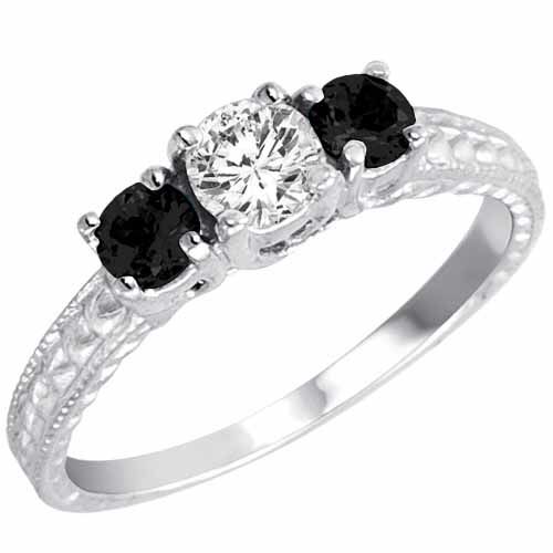 Platinum Round 3 Stone Diamond and Onyx Engagement Ring With Cobra Design Shank (0.95 cttw)