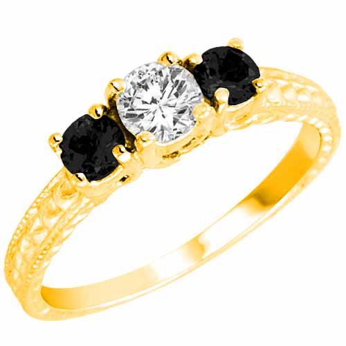 18K Yellow Gold Round 3 Stone Diamond and Onyx Engagement Ring With Cobra Design Shank (0.95 cttw)