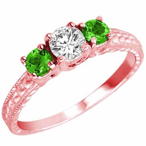 18K Rose Gold Round 3 Stone Diamond and Peridot Engagement Ring With Cobra Design Shank (0.95 cttw)