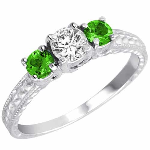 Platinum Round 3 Stone Diamond and Peridot Engagement Ring With Cobra Design Shank (0.95 cttw)