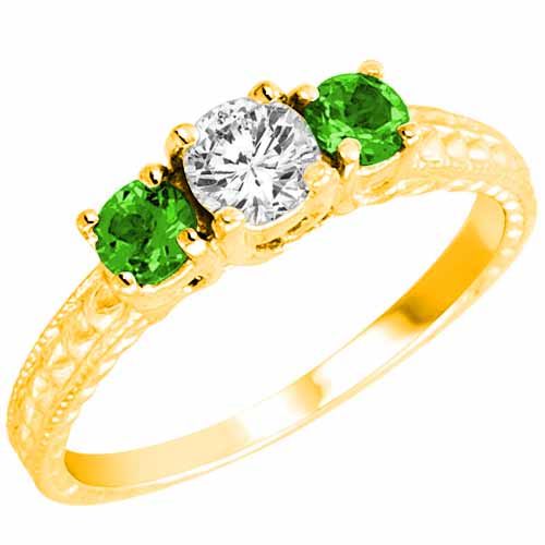 18K Yellow Gold Round 3 Stone Diamond and Peridot Engagement Ring With Cobra Design Shank (0.95 cttw)
