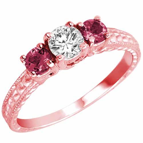 10K Rose Gold Round 3 Stone Diamond and Pink Tourmaline Engagement Ring With Cobra Design Shank (0.95 cttw)