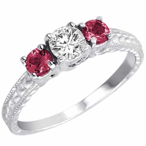 Sterling Silver Round 3 Stone Diamond and Pink Tourmaline Engagement Ring With Cobra Design Shank (0.95 cttw)