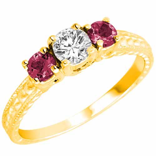 14K Yellow Gold Round 3 Stone Diamond and Pink Tourmaline Engagement Ring With Cobra Design Shank (0.95 cttw)