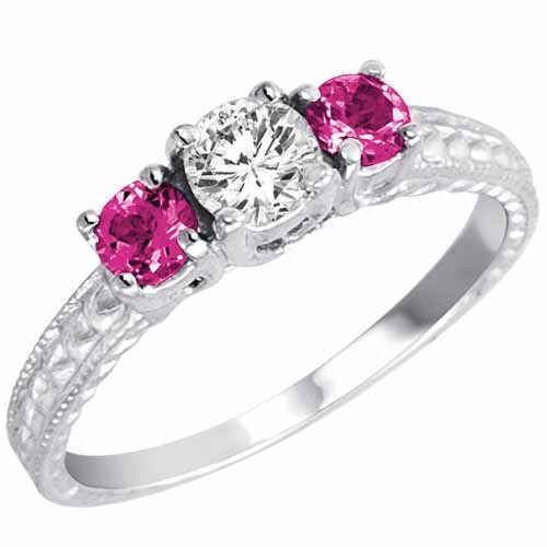 14K White Gold Round 3 Stone Diamond and Pink Sapphire Engagement Ring With Cobra Design Shank (0.95 cttw)