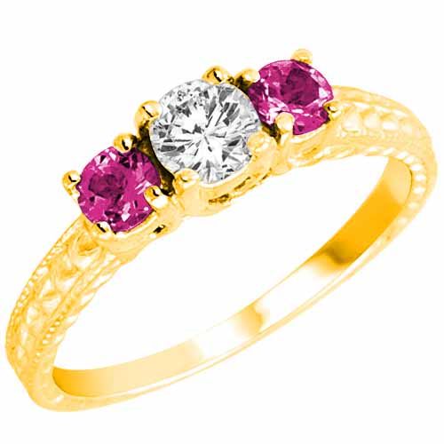 14K Yellow Gold Round 3 Stone Diamond and Pink Sapphire Engagement Ring With Cobra Design Shank (0.95 cttw)