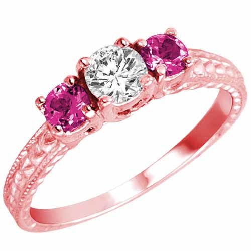 14K Rose Gold Round 3 Stone Diamond and Pink Topaz Engagement Ring With Cobra Design Shank (0.95 cttw)