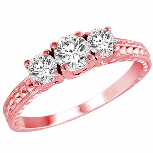 10K Rose Gold 3 Three Stone Round Brilliant Diamond Engagement Ring With Cobra Design Shank (9/10 cttw, F-G/I1)