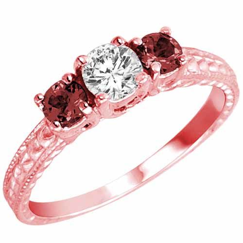 14K Rose Gold Round 3 Stone Diamond and Ruby Engagement Ring With Cobra Design Shank (0.95 cttw)