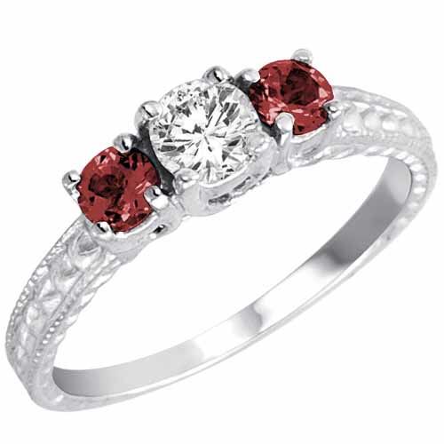 10K White Gold Round 3 Stone Diamond and Ruby Engagement Ring With Cobra Design Shank (0.95 cttw)