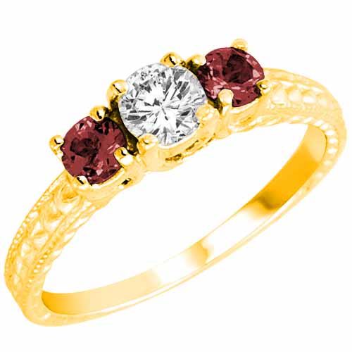 14K Yellow Gold Round 3 Stone Diamond and Ruby Engagement Ring With Cobra Design Shank (0.95 cttw)