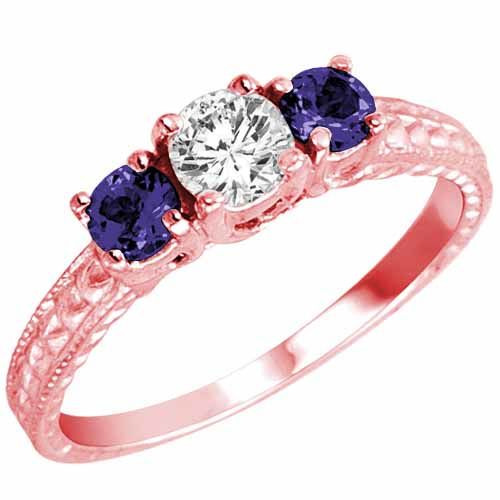 14K Rose Gold Round 3 Stone Diamond and Blue Sapphire Engagement Ring With Cobra Design Shank (0.95 cttw)