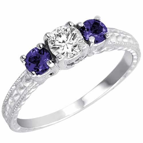 14K White Gold Round 3 Stone Diamond and Blue Sapphire Engagement Ring With Cobra Design Shank (0.95 cttw)