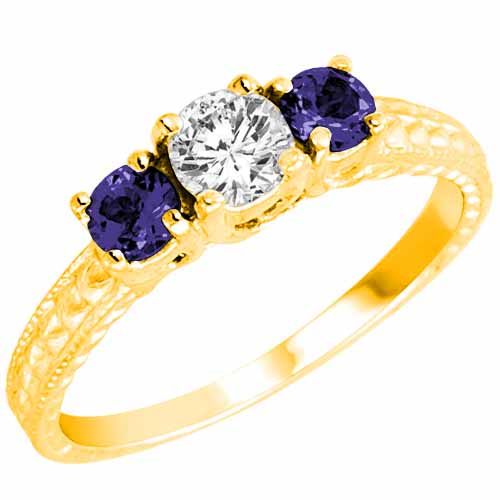 14K Yellow Gold Round 3 Stone Diamond and Blue Sapphire Engagement Ring With Cobra Design Shank (0.95 cttw)