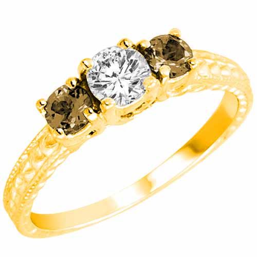 14K Yellow Gold Round 3 Stone Diamond and Smoky Quartz Engagement Ring With Cobra Design Shank (0.95 cttw)