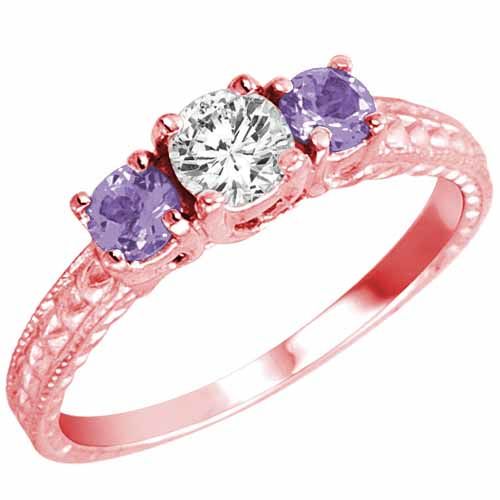 18K Rose Gold Round 3 Stone Diamond and Tanzanite Engagement Ring With Cobra Design Shank (0.95 cttw)