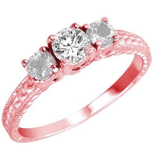 18K Rose Gold Round 3 Stone Diamond and White Quartz Engagement Ring With Cobra Design Shank (0.95 cttw)