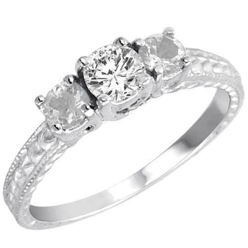 14K White Gold Round 3 Stone Diamond and White Quartz Engagement Ring With Cobra Design Shank (0.95 cttw)