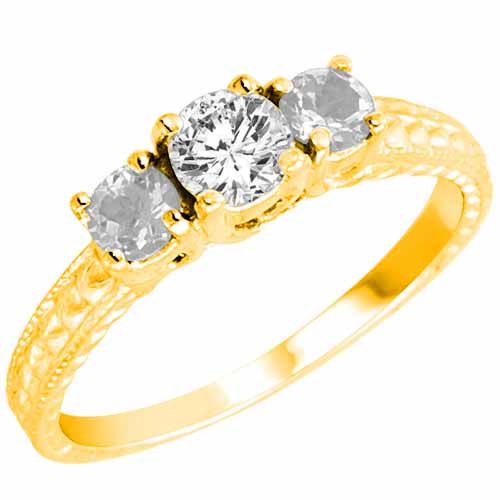 18K Yellow Gold Round 3 Stone Diamond and White Quartz Engagement Ring With Cobra Design Shank (0.95 cttw)