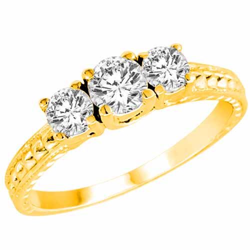10K Yellow Gold 3 Three Stone Round Brilliant Diamond Engagement Ring With Cobra Design Shank (9/10 cttw, F-G/I1)