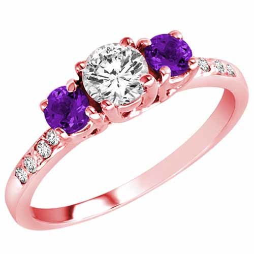 14K Rose Gold Round 3 Stone Diamond and Amethyst Engagement Ring With Pave Set Shank (1.00 cttw)