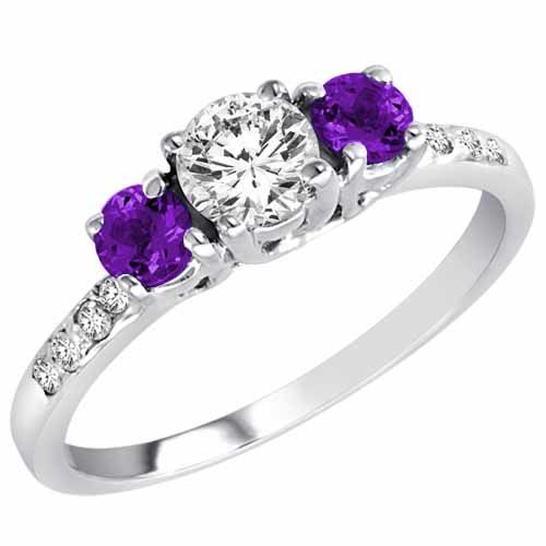 10K White Gold Round 3 Stone Diamond and Amethyst Engagement Ring With Pave Set Shank (1.00 cttw)